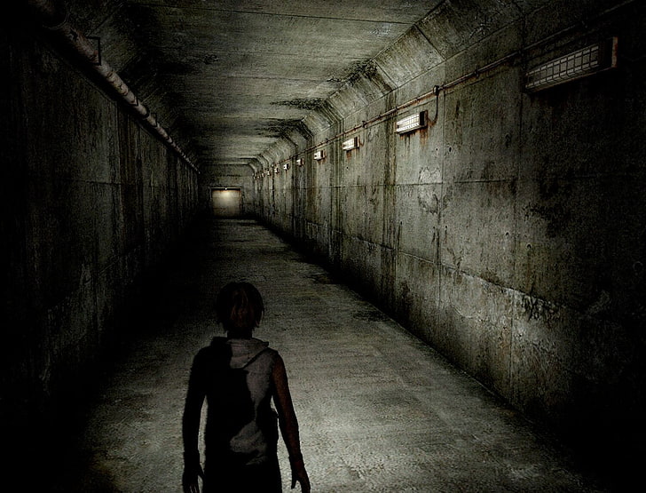 person in gray tunnel, video games, Silent Hill, architecture