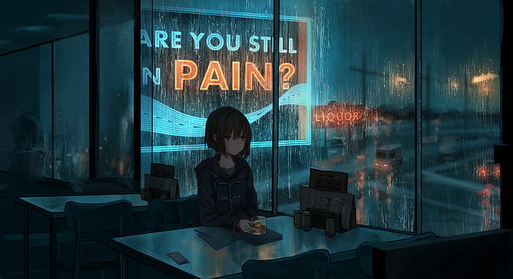 Hd Wallpaper Restaurant Dark Anime Girls Alone Rain Window