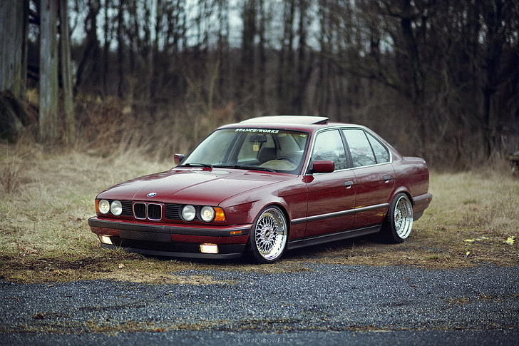 red BMW sedan, bbs, E34, stance, car, land Vehicle, retro Styled