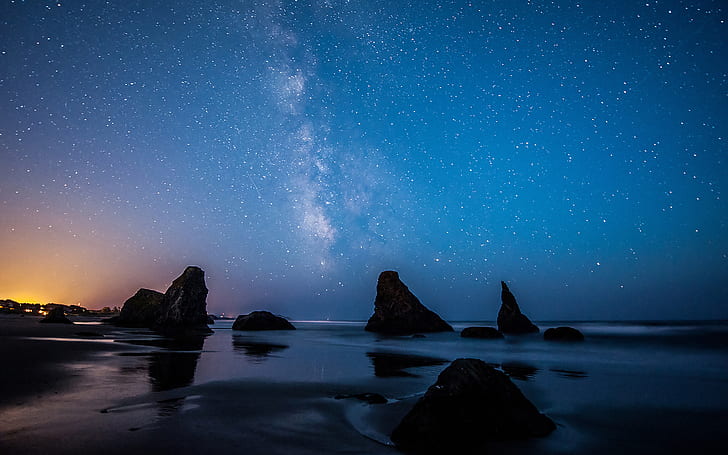 Stars Night Beach Rocks Stones HD, nature