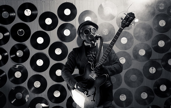 photo of bassist, music, people, guitar, gas mask, musical instrument