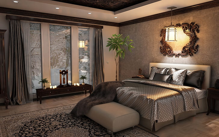 HD wallpaper: bed, mirror, window, plaid, bedroom | Wallpaper Flare