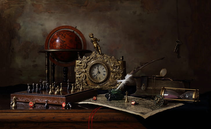 pen, watch, key, chess, figurine, still life, globe, ink, HD wallpaper