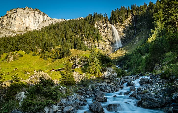 forest, mountains, stream, waterfall, Switzerland, Alps, river, HD wallpaper