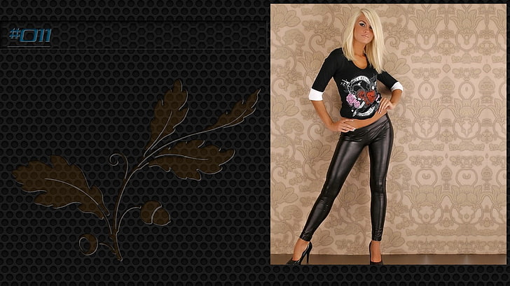 women's black patent leather pants, model, heels, blonde, full length, HD wallpaper