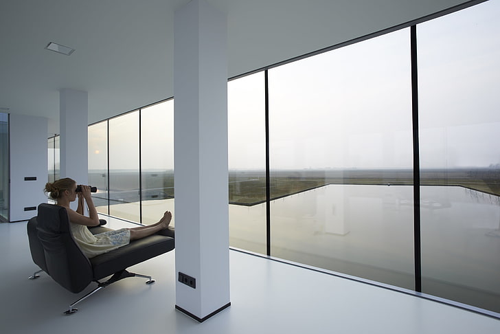 modern, architecture, building, house, glass, women, window, HD wallpaper