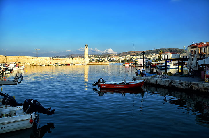 Greece, Crete, Lighthouse, Rethymno, the sea, boats, fishing, HD wallpaper