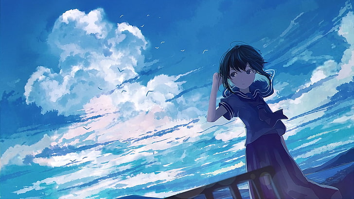 black haired girl anime character, manga, anime girls, sky, blue, HD wallpaper