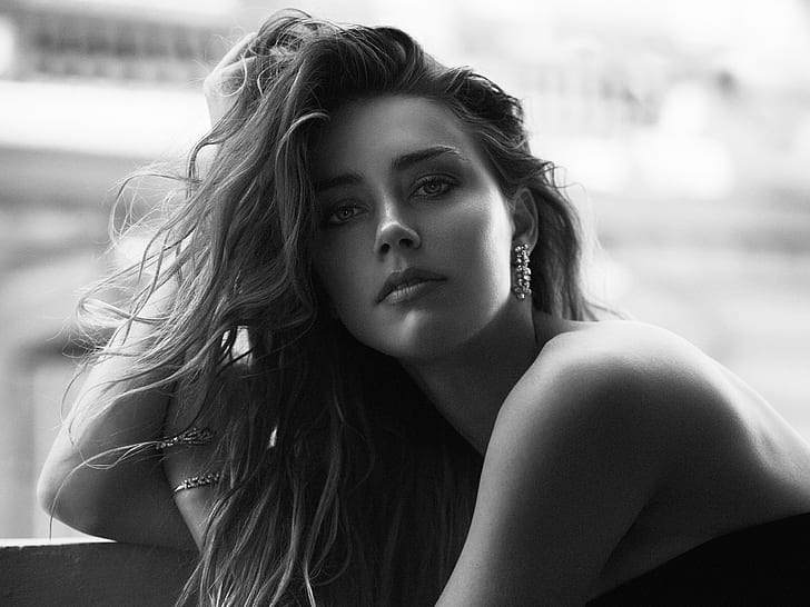 photo, model, portrait, actress, black and white, beauty, Amber Heard, HD wallpaper