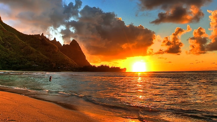 nature, sun, sunset, seascape, beach, water, sky, ocean, landscape, HD wallpaper