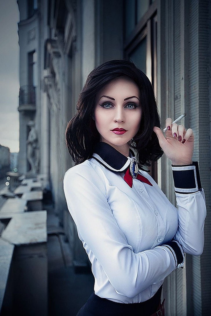 women's white and black collared long-sleeved shirt, BioShock