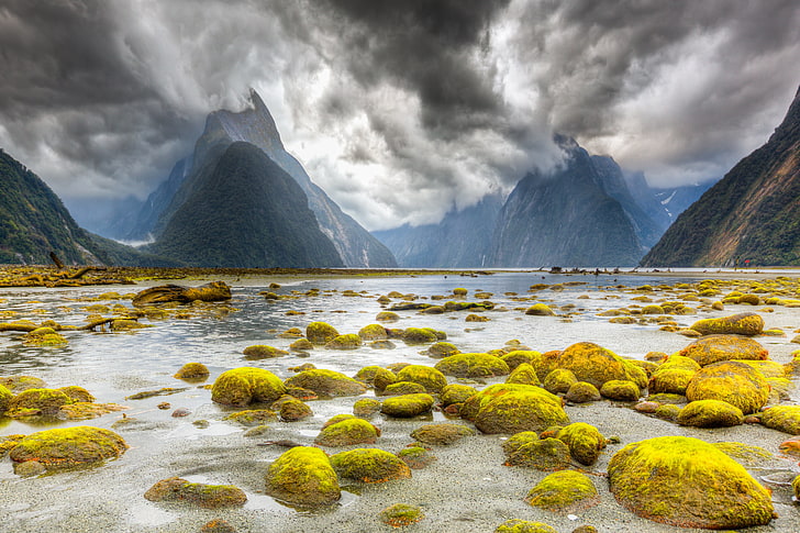 clouds, mountains, stones, New Zealand, mucus, the fjord, South island, HD wallpaper