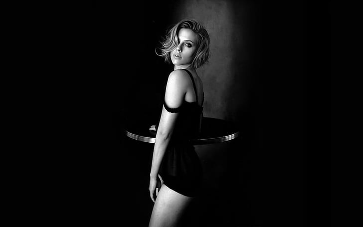 Scarlett Johansson, monochrome, celebrity, actress, blonde, HD wallpaper