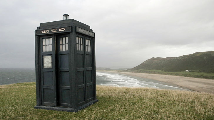 black telephone booth, Doctor Who, TARDIS, sea, grass, sky, nature, HD wallpaper