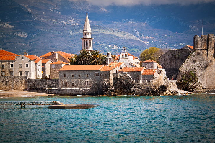 sea, landscape, mountains, shore, home, pier, Montenegro, Budva, HD wallpaper