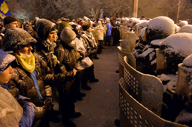 Ukraine, protestors, soldier, snow, shield, group of people