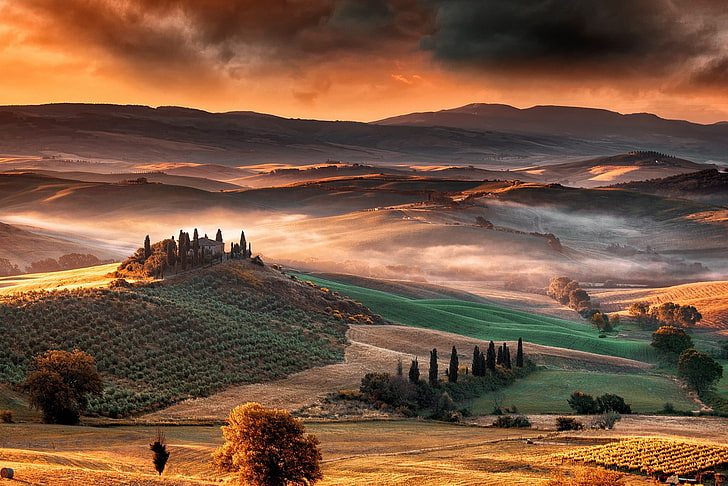 nature, landscape, mist, mountains, valley, Tuscany, Italy, HD wallpaper