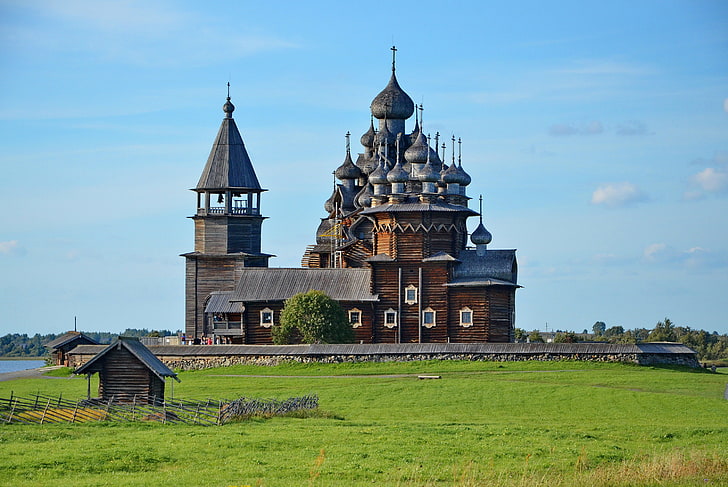 brown and gray building, landscape, lake, island, Church, Russia, HD wallpaper