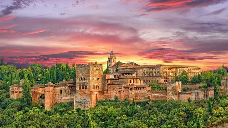 palace, fortress, orange sky, sunset, andalusia, eu, europe, HD wallpaper