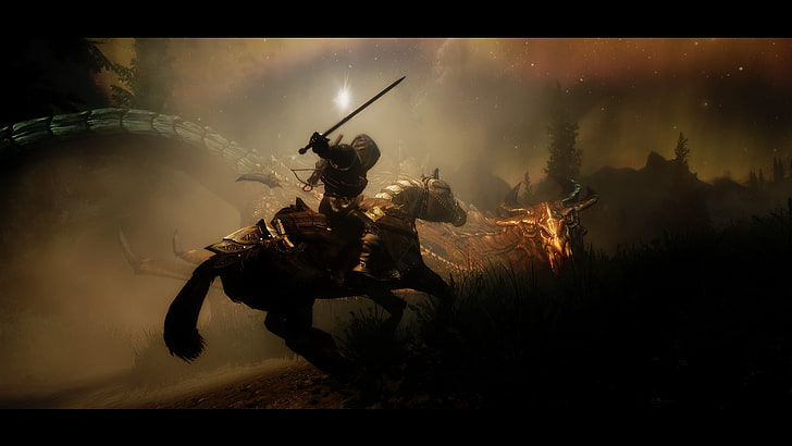 man riding on horse, dragon, The Elder Scrolls V: Skyrim, video games, HD wallpaper