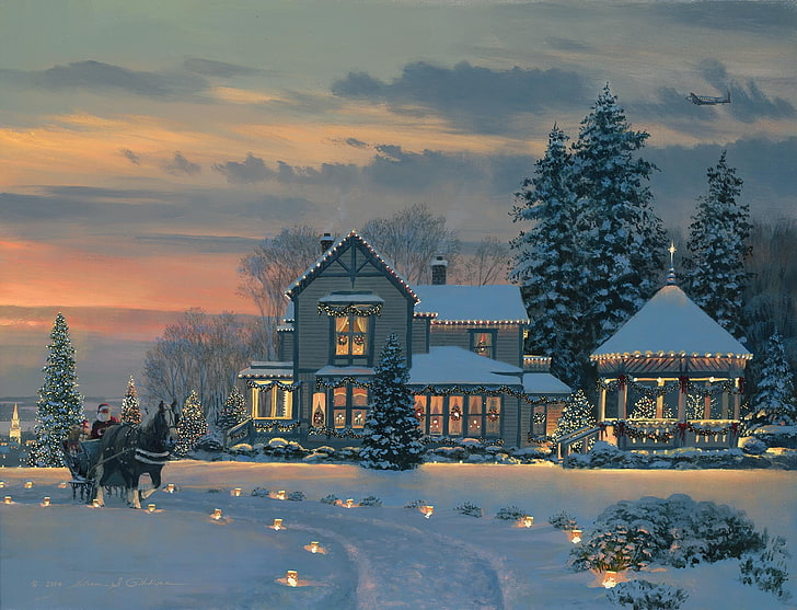 white and gray house illustration, winter, snow, lights, the plane, HD wallpaper