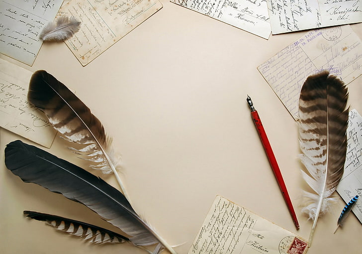 four black feathers, letters, pens, desk, quill Pen, writing