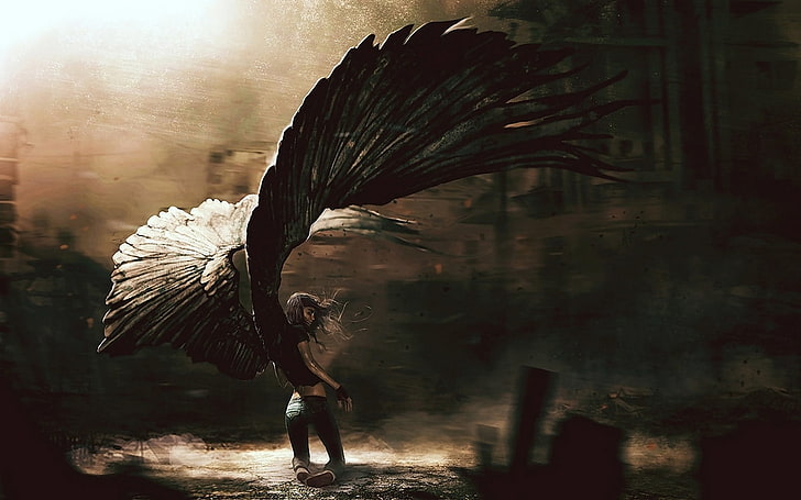 woman with wings painting, angel, girl, fallen, people, women, HD wallpaper