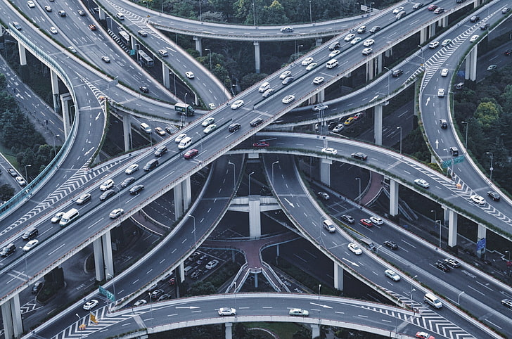 gray concrete road, traffic, car, vehicle, aerial view, connection