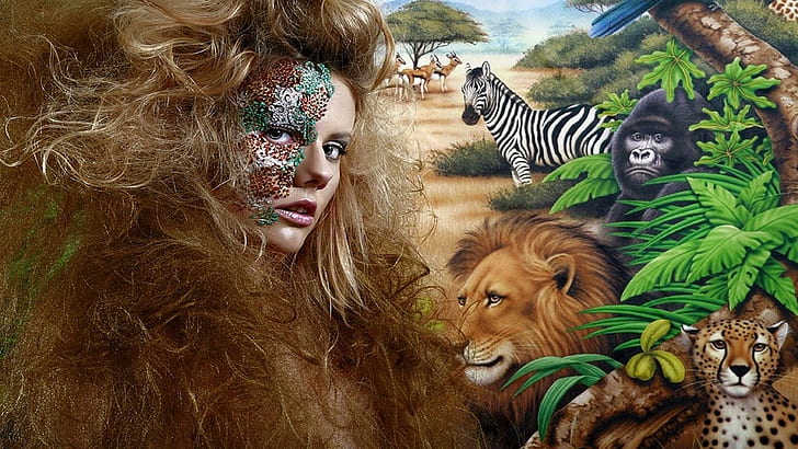 Nature Goddess, brown woman with wild life animal illustration