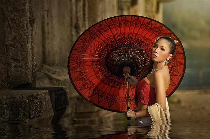 Asian, parasol, beauty, clothing, adult, one person, women, HD wallpaper