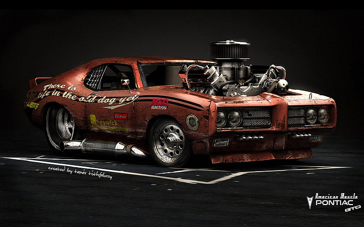 red sport car, CGI, Pontiac, Pontiac GTO, muscle cars, render