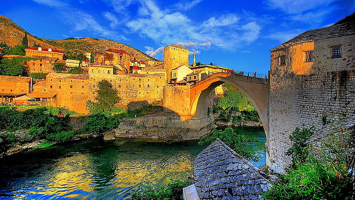 stari most, old bridge, mostar, city, ancient city, bosnia and herzegovina, HD wallpaper