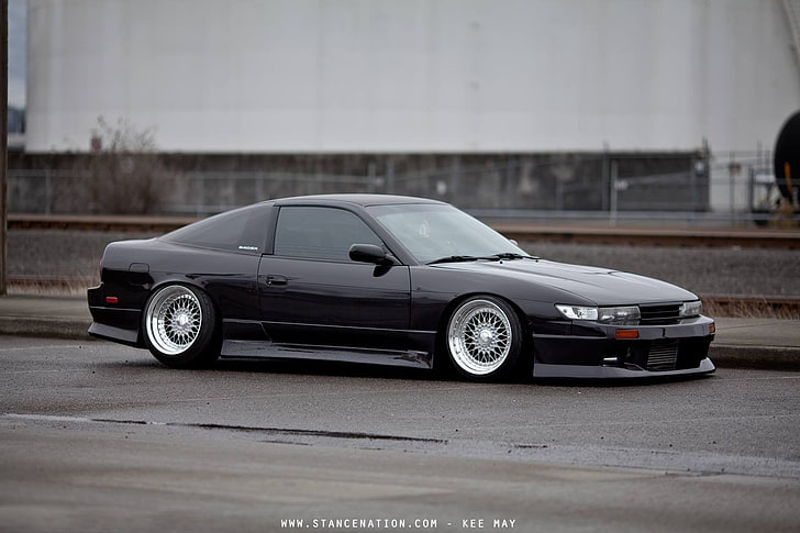 black coupe with text overlay, Nissan, drift, tuning, car, Stance