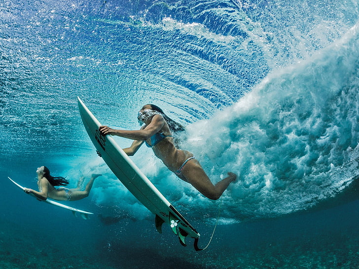 women, surfing, sea, underwater, sport, aquatic sport, swimming, HD wallpaper