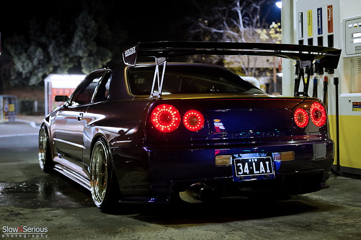 blue coupe, night, tuning, GT-R, Nissan, Nissan Skyline, R34