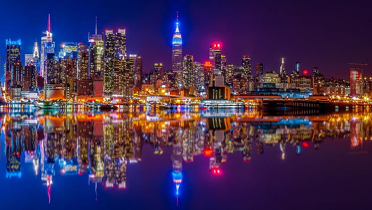 reflection, river, building, home, New York, night city, Manhattan, HD wallpaper
