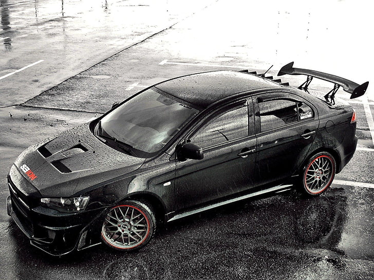 black Mitsubishi Lancer Evo X, car, rain, water drops, rims, transportation, HD wallpaper