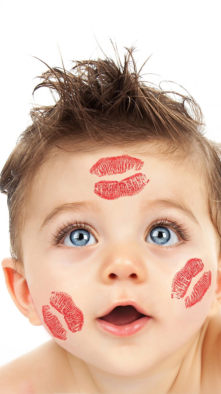 Cute Boy With Lipstick On His Face, red kiss marks, Baby, symbol