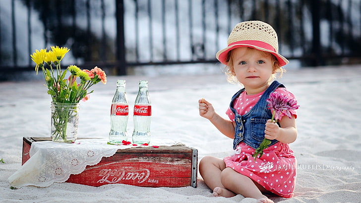 children, Coca-Cola, hat, polka dots, jars, bottles, flowers, HD wallpaper