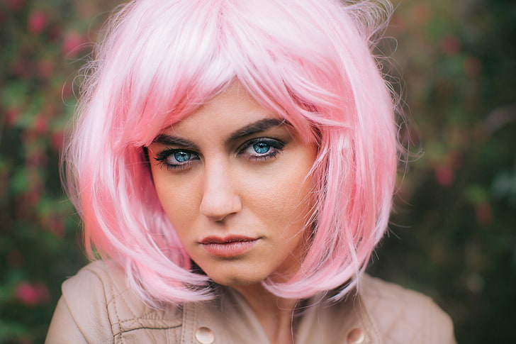 pink hair, face, women, wigs, Aurela Skandaj, HD wallpaper