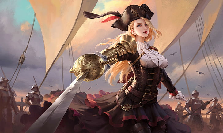Wenfei Ye, drawing, Pirate hat, pirates, women, blonde, long hair