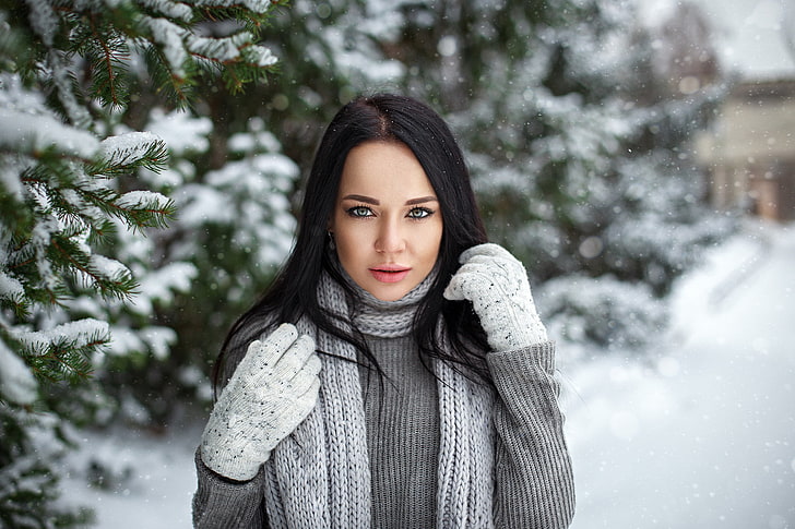 Angelina Petrova, women, model, gloves, snow, depth of field