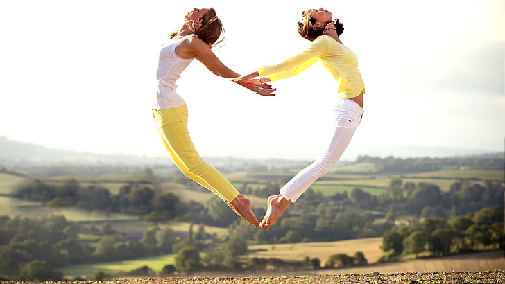 jumping, women, model, barefoot, two people, togetherness, positive emotion