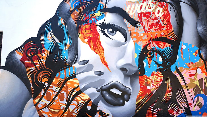 multicolored illustration of woman face, colorful, graffiti, people