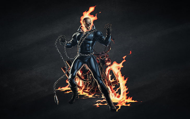 Ghost Rider, the dark background, fire, skull, chain, skeleton