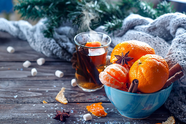 two orange fruits, comfort, heat, tea, scarf, New Year, Christmas