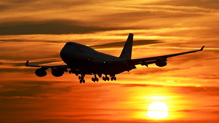 airplane, Boeing 747, landing, Silhouette, sky, sunset, HD wallpaper
