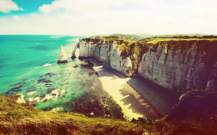 cliff, Coast, Étretat, France, nature, photography, sea, summer, HD wallpaper