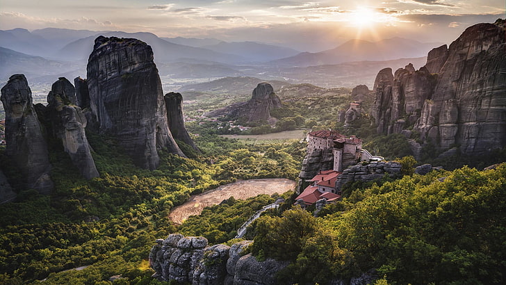 landscape, Greece, Meteora, monastery, solid, architecture