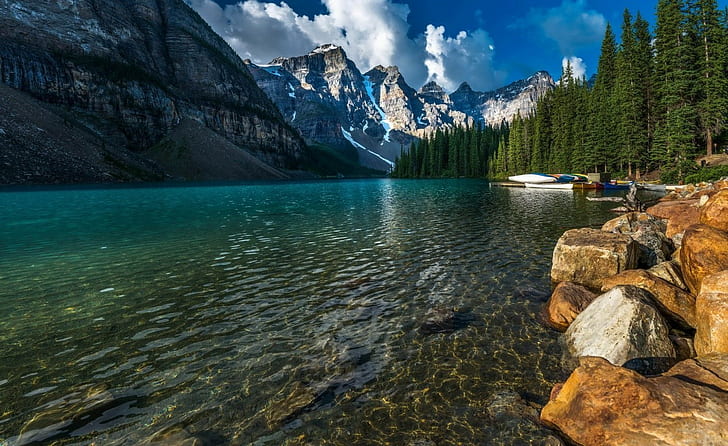 Landscape, Lake, Water, Trees, Mountains, Rock, glacier national park poster, HD wallpaper